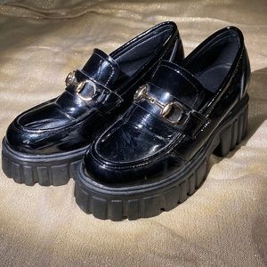 patent leather platform loafers with gold hardware details, size 39
